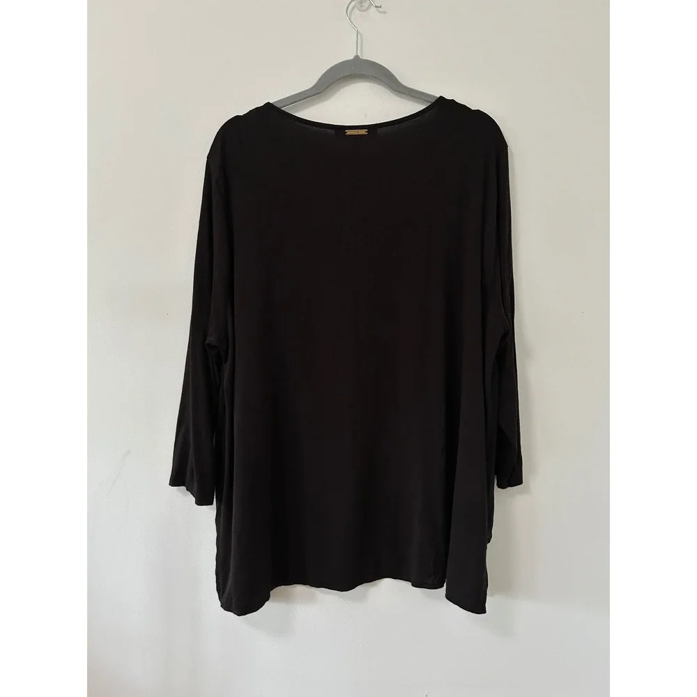 Michael Kors Layered Hem Tunic Women 2X Black Minimalist 3/4 Sleeve V-Neck Top